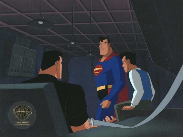 Superman the Animated Series Original Production Cel on Original Background: Superman, Bruce Wayne and Time Drake Supply